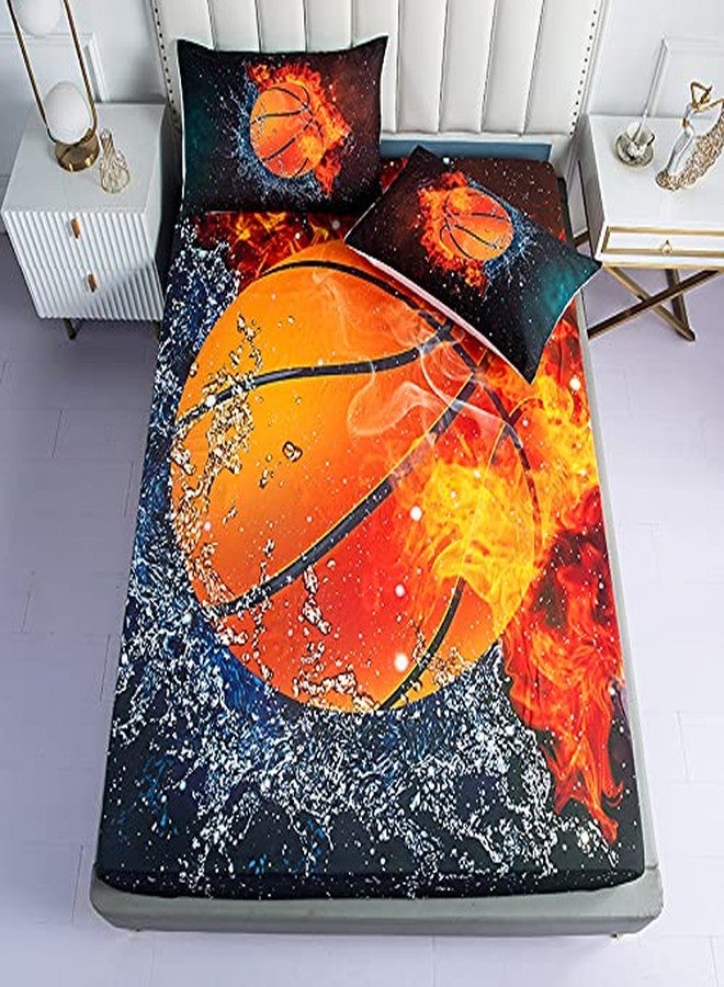 Roscloud Sports Basketball Sheets Sets Full Size - 3PC Ice Flame Galaxy Basketball Boys Fitted Sheet（Fitted Sheet*1 Pillowcases*2） - Image 1